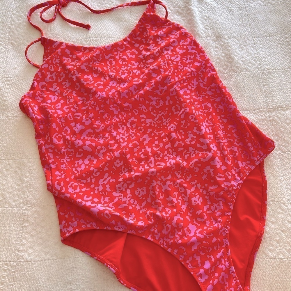 Athleta Swimsuit One Piece Coral Leopard Print Keyhole Back size XL - Picture 3 of 16
